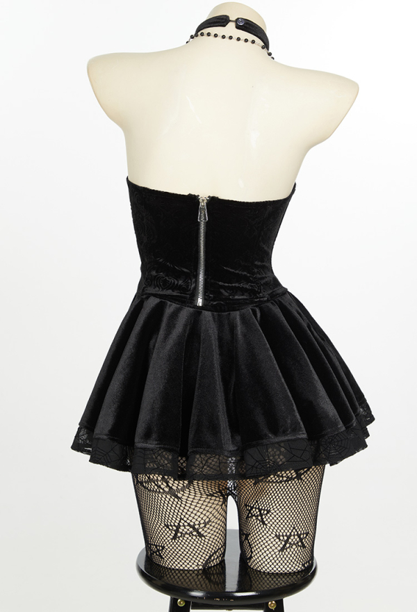 Bewitched Grace Gothic Camisole and Skirt Set Black Lace-up Sexy Style Top and Skirt with Net Stockings and Sleeves