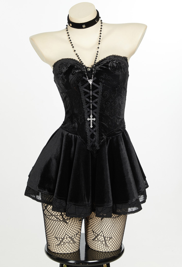 Bewitched Grace Gothic Camisole and Skirt Set Black Lace-up Sexy Style Top and Skirt with Net Stockings and Sleeves