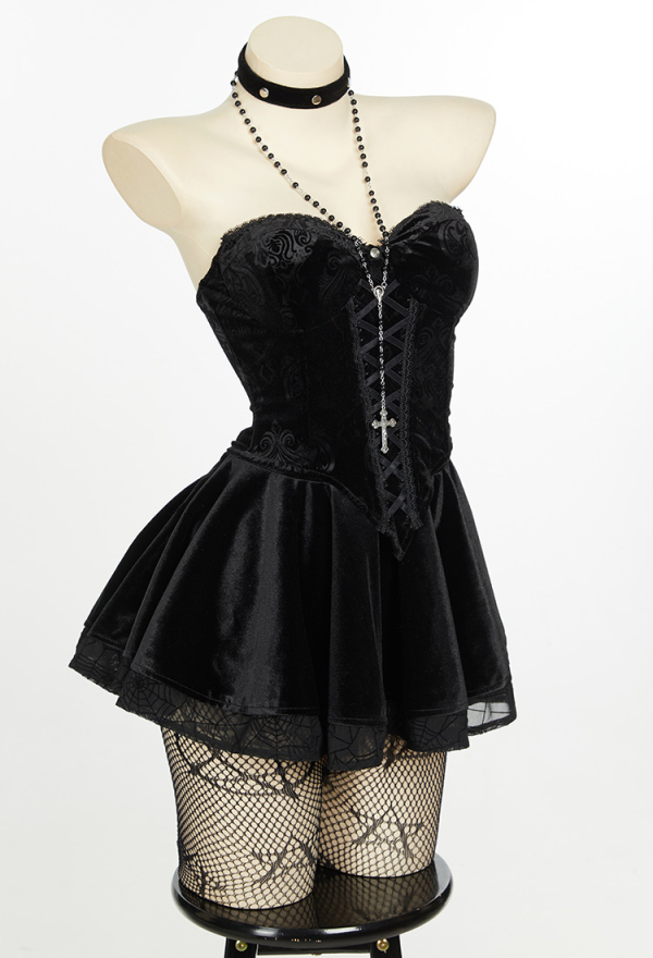 Bewitched Grace Gothic Camisole and Skirt Set Black Lace-up Sexy Style Top and Skirt with Net Stockings and Sleeves