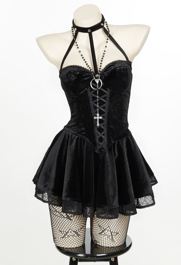 Bewitched Grace Gothic Camisole and Skirt Set Black Lace-up Sexy Style Top and Skirt with Net Stockings and Sleeves