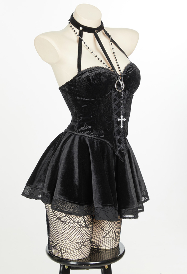 Bewitched Grace Gothic Camisole and Skirt Set Black Lace-up Sexy Style Top and Skirt with Net Stockings and Sleeves