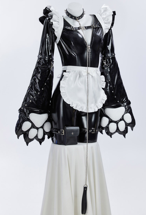 Gothic Maid Sexy  Lingerie Set Paw Costume Bodysuit and Apron Set with Jacket and Headband