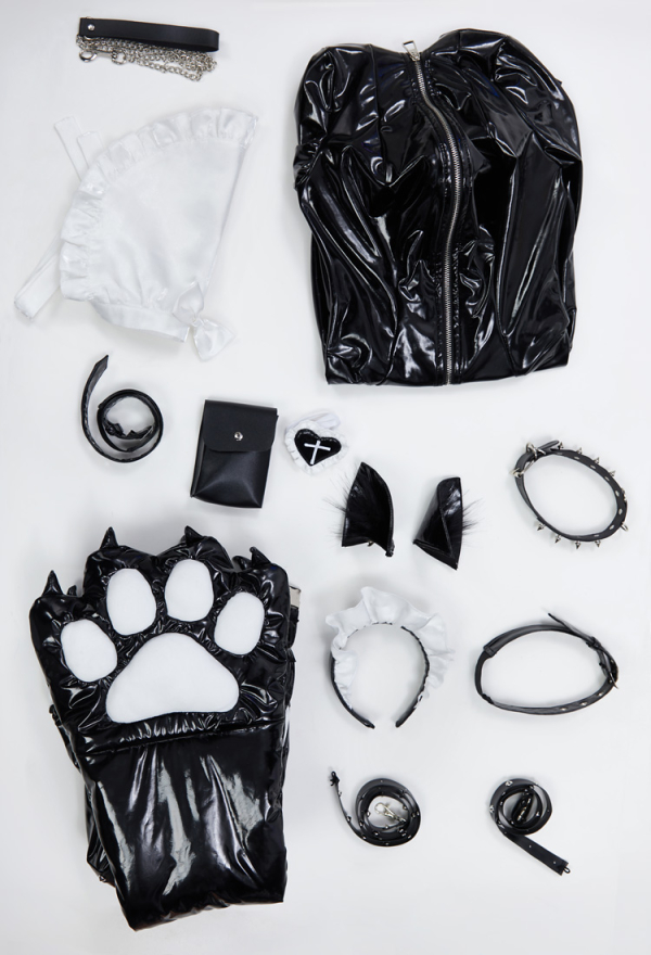 Gothic Maid Sexy  Lingerie Set Paw Costume Bodysuit and Apron Set with Jacket and Headband