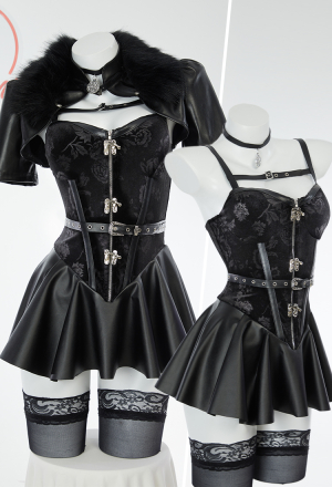 Gothic Sexy Lingerie Set Black Strap Dress and Short Jacket with Gloves and Belt