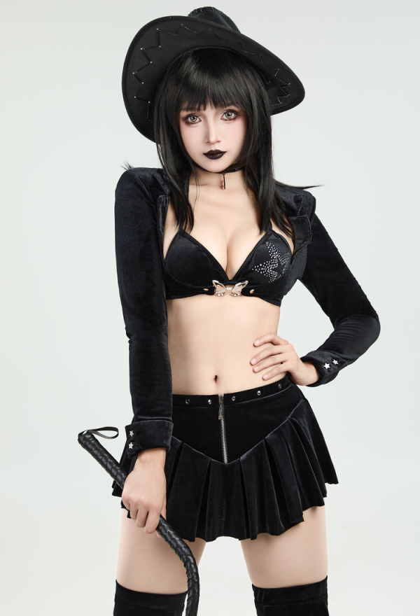 Gothic Cowgirl Style Suit Black Sexy Bra and Skirt with Crop Top and Hat