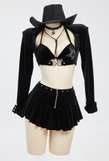 Gothic Cowgirl Style Suit Black Sexy Bra and Skirt with Crop Top and Hat