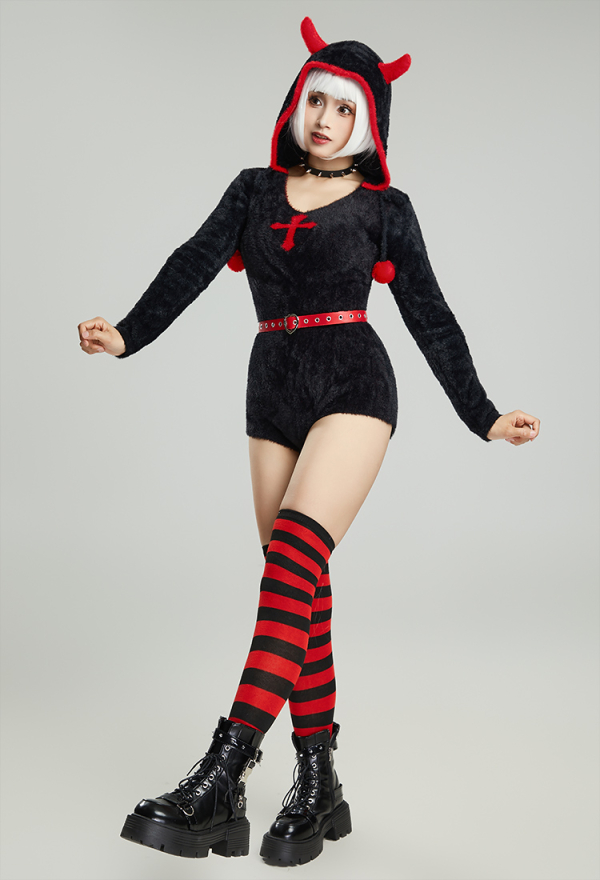 Blood Moon Gothic Halloween Style Bodycon Romper Plush Homewear Black Red Cross Hooded Bodysuit with Belt and Choker