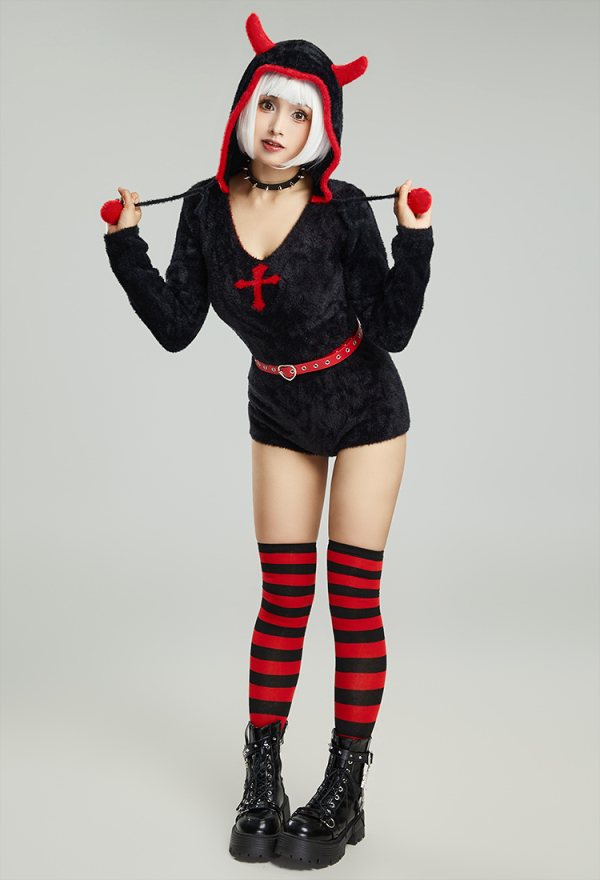 Blood Moon Gothic Halloween Style Bodycon Romper Plush Homewear Black Red Cross Hooded Bodysuit with Belt and Choker