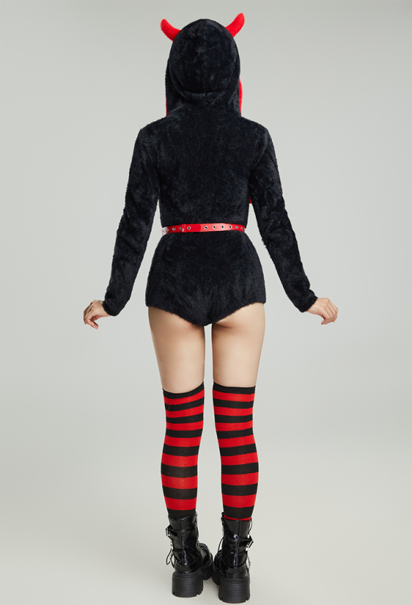 Blood Moon Gothic Halloween Style Bodycon Romper Plush Homewear Black Red Cross Hooded Bodysuit with Belt and Choker