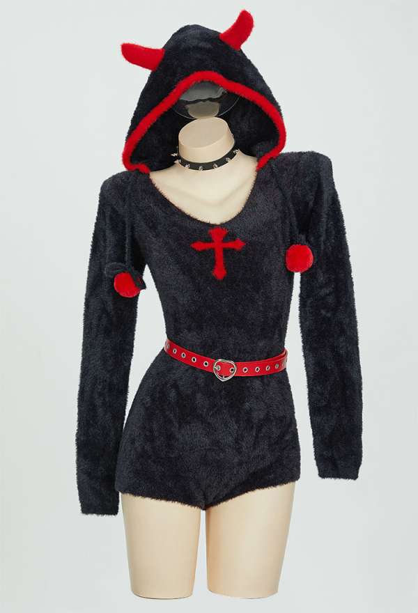 Blood Moon Gothic Halloween Style Bodycon Romper Plush Homewear Black Red Cross Hooded Bodysuit with Belt and Choker