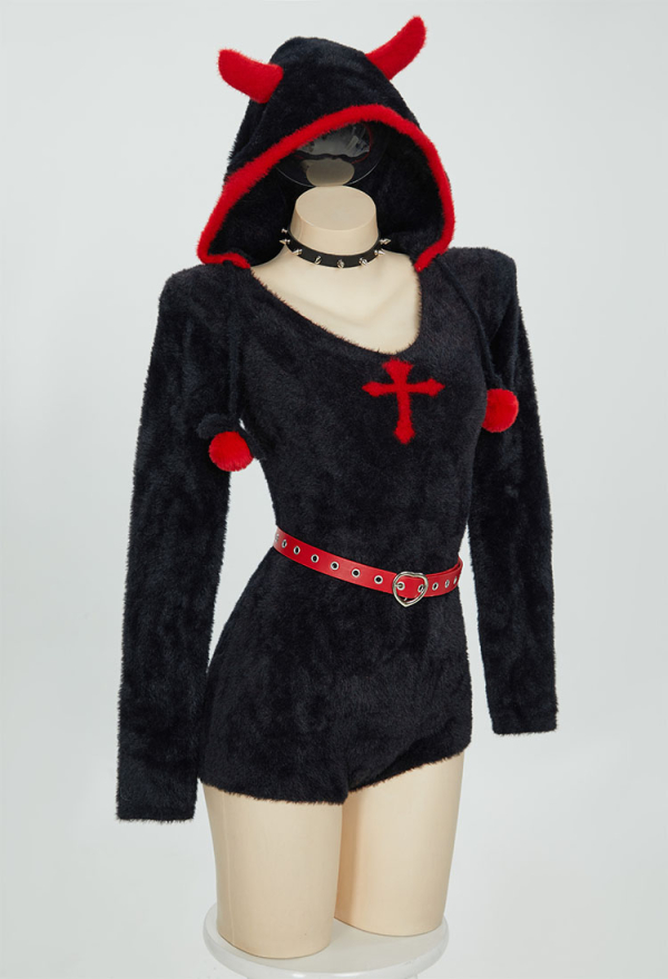 Blood Moon Gothic Halloween Style Bodycon Romper Plush Homewear Black Red Cross Hooded Bodysuit with Belt and Choker