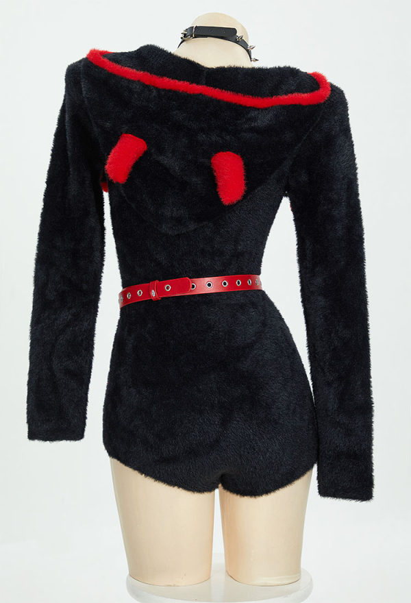 Blood Moon Gothic Halloween Style Bodycon Romper Plush Homewear Black Red Cross Hooded Bodysuit with Belt and Choker