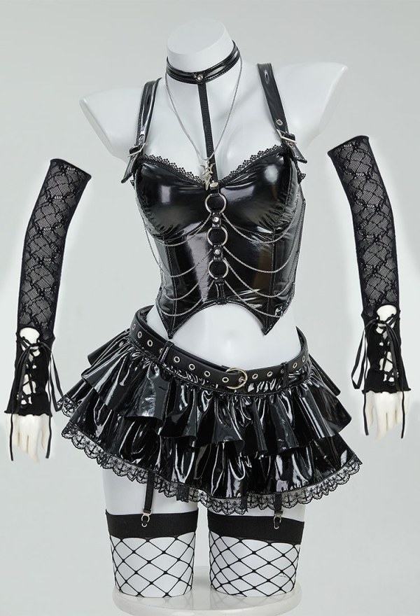 Misa Gothic Black Lingerie Set Cami Top and Mini Skirt with Sleeves and Necklace