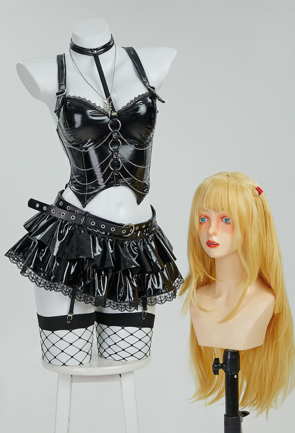 Misa Gothic Black Lingerie Set Cami Top and Mini Skirt with Sleeves and Necklace