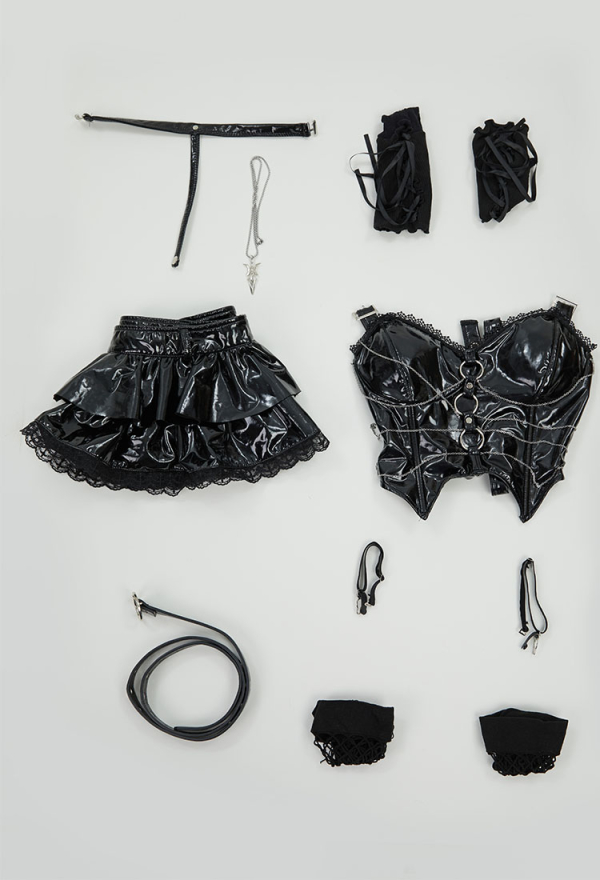 Misa Gothic Black Lingerie Set Cami Top and Mini Skirt with Sleeves and Necklace