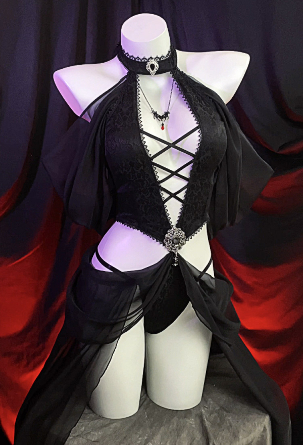 Beauty of Shadow Gothic Elf Style Sexy Costume Black Bodysuit with Sleeves and Necklace