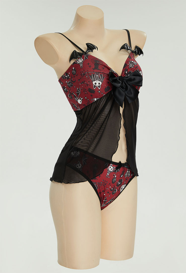 Gothic Halloween Sleepwear Skull Pattern with Bowknot Underwear Mesh Top and Bottoms