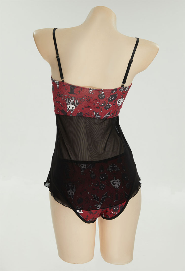 Gothic Halloween Sleepwear Skull Pattern with Bowknot Underwear Mesh Top and Bottoms