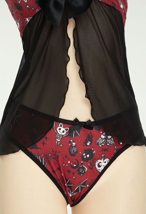 Gothic Halloween Sleepwear Skull Pattern with Bowknot Underwear Mesh Top and Bottoms