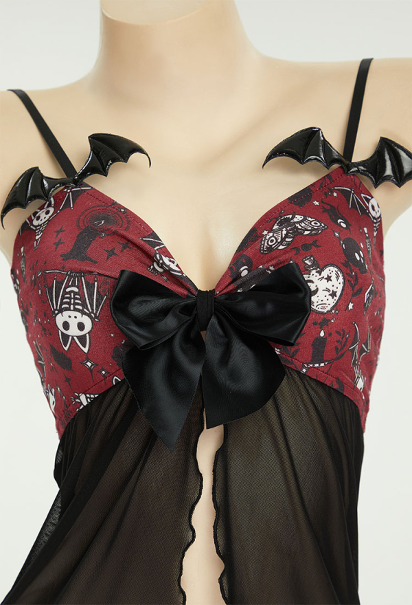 Gothic Halloween Sleepwear Skull Pattern with Bowknot Underwear Mesh Top and Bottoms