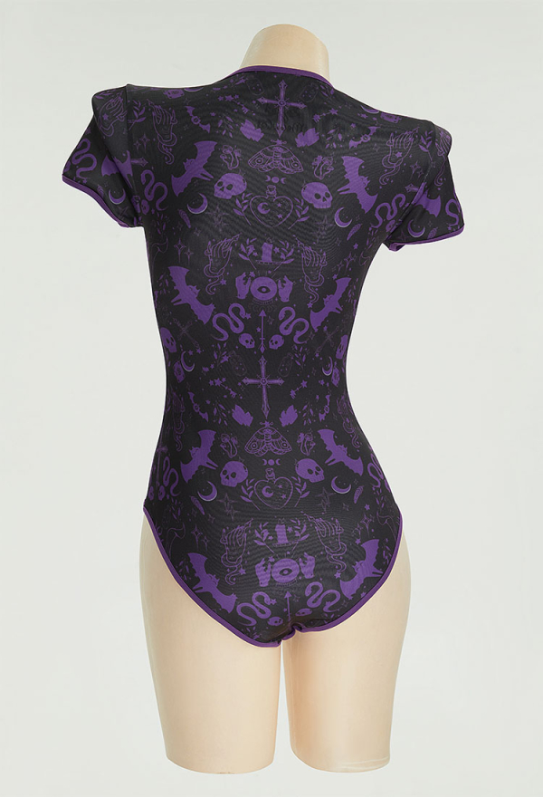 Gothic Style Black Purple Jumpsuit Halloween One-Piece Short Sleeve Bodysuit