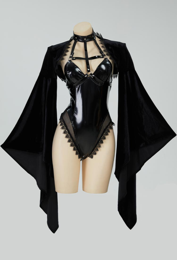 Holy Love Gothic Nun Style Black Bodysuit and Flared Sleeve Cover-up Shrug with Head Piece