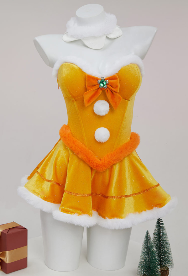 Princess Daisy Derivative Sexy Lingerie Suit Christmas Furry Yellow Dress with Cape and Collar