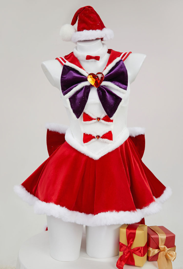 Sailor Mars Derivative Sexy Lingerie Suit Christmas Furry Bowknot Dress with Cape Hat