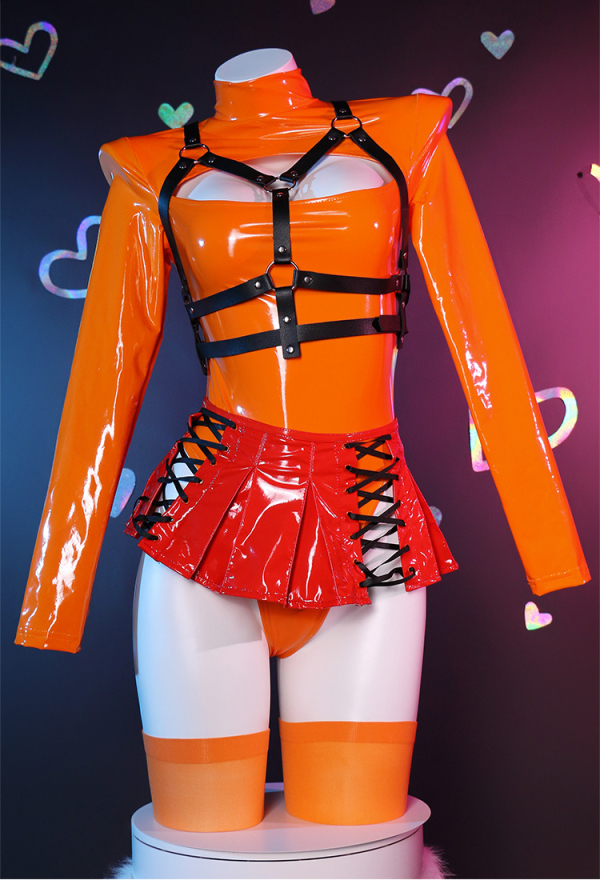 Mystery Squad Halloween CostumeOrange Chest Open Bodysuit and Lace-up Mini Skirt with Socks