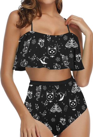 Gothic Black Swimsuit High Waisted Ruffled Swimsuit Camisole Printed Two Piece Swimwear