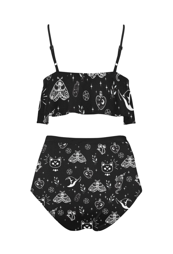 Gothic Black Swimsuit High Waisted Ruffled Swimsuit Camisole Printed Two Piece Swimwear