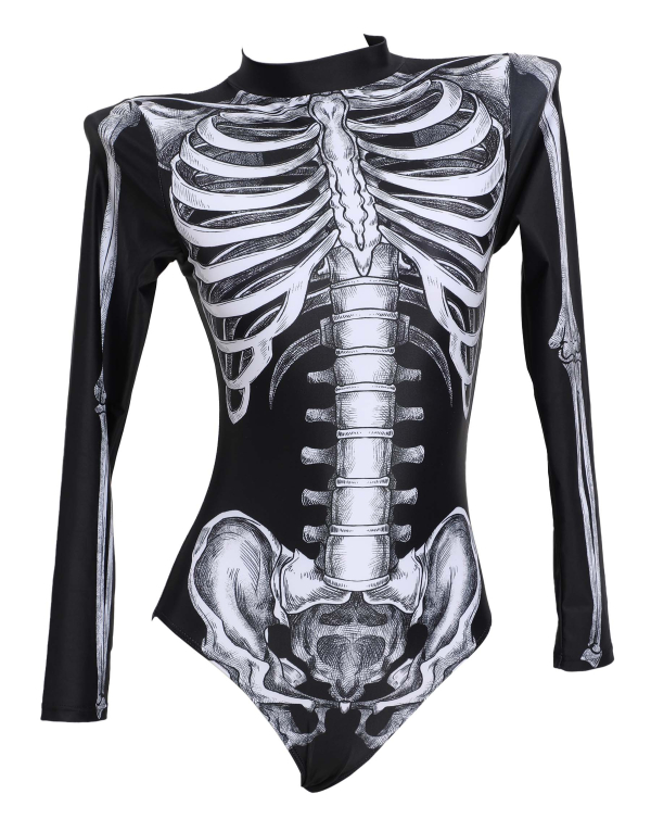 Halloween Gothic One-Piece Swimsuit Skeleton Print Swimwear Long Sleeve Skull Bathing Suit