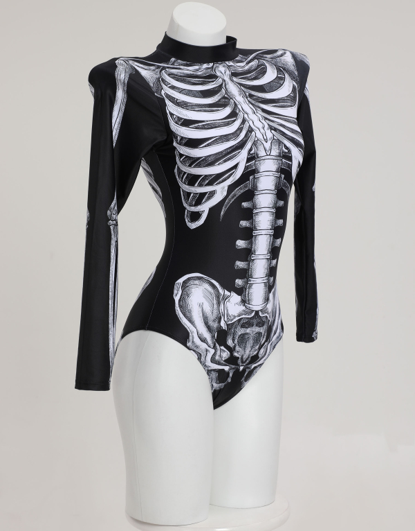 Halloween Gothic One-Piece Swimsuit Skeleton Print Swimwear Long Sleeve Skull Bathing Suit