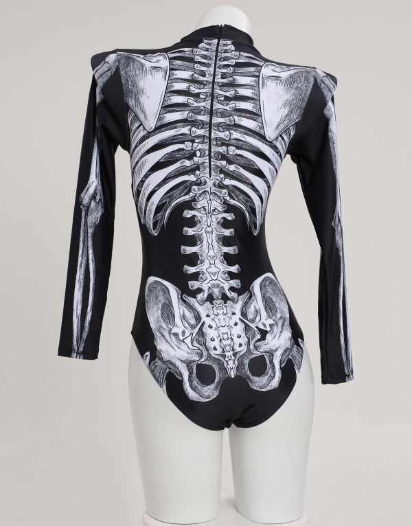 Halloween Gothic One-Piece Swimsuit Skeleton Print Swimwear Long Sleeve Skull Bathing Suit