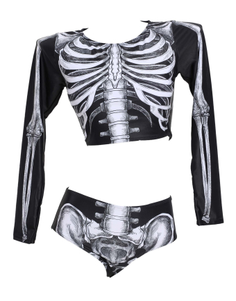 Halloween Gothic Two Piece Swimsuit Skeleton Print Swimwear Long Sleeve Skull Bathing Suit