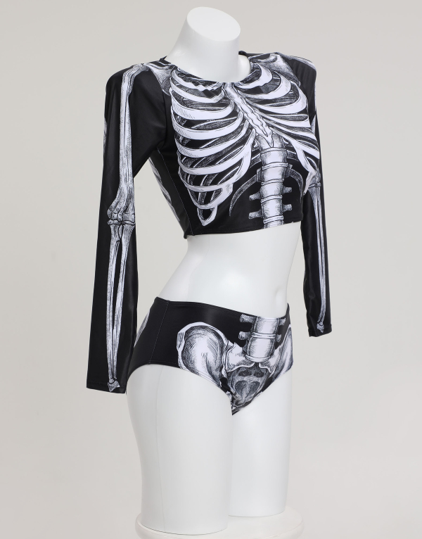 Halloween Gothic Two Piece Swimsuit Skeleton Print Swimwear Long Sleeve Skull Bathing Suit