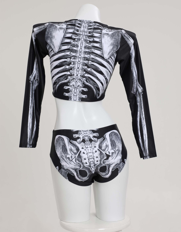 Halloween Gothic Two Piece Swimsuit Skeleton Print Swimwear Long Sleeve Skull Bathing Suit