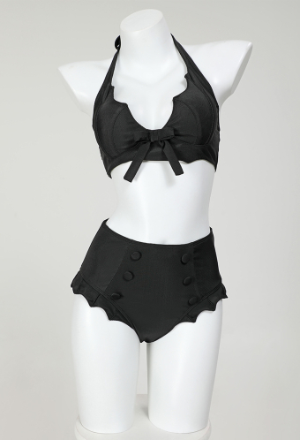 Gothic Vintage Black Two-Piece Swimsuit Bat Wing Halter Top and Bottoms Bikini Set Bathing Suit