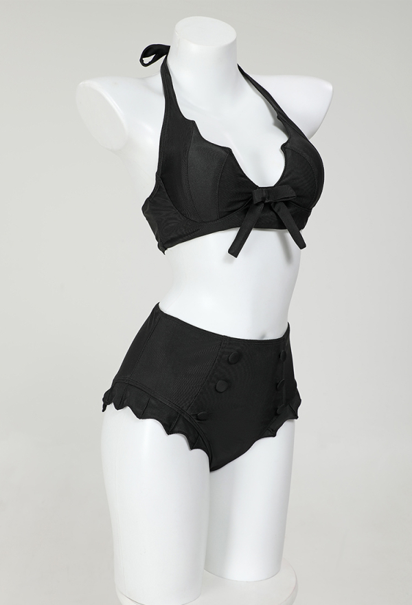 Gothic Vintage Black Two-Piece Swimsuit Bat Wing Halter Top and Bottoms Bikini Set Bathing Suit