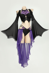 Night Spinner Gothic Swimwear Dark Style Black Purple Halter Top and Bottoms with Bat Sleeve Cover-Up