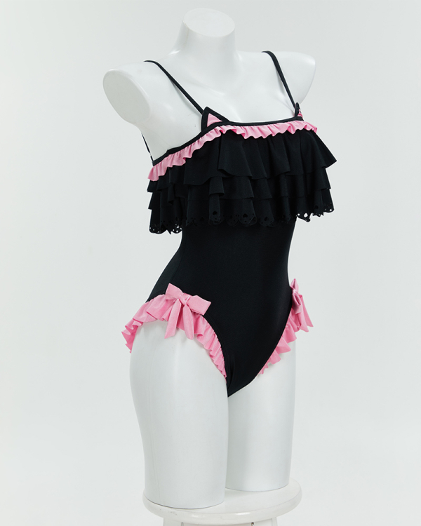 Goth Cat Swimsuit Ruffle Flounce One Piece Swimsuit Tummy Control Bathing Suit