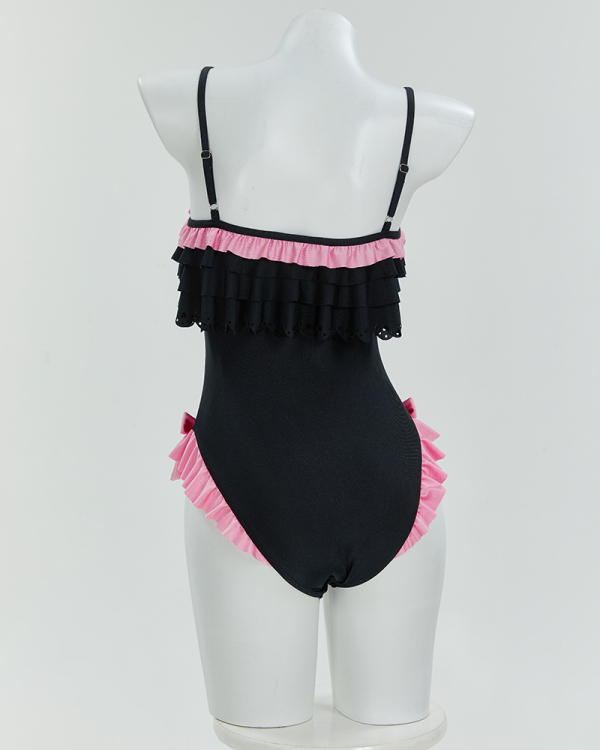 Goth Cat Swimsuit Ruffle Flounce One Piece Swimsuit Tummy Control Bathing Suit