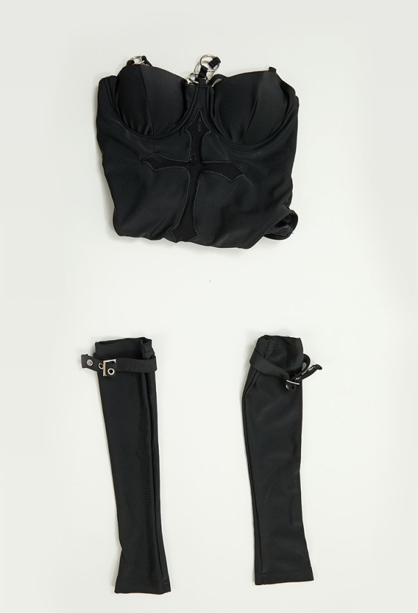 Black Cross Gothic Black Swimsuit Halter Cross Pattern Cutout Bodysuit Bathing Suit and Arm Sleeves