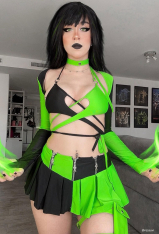 Green Menace Sexy Swimsuit Gothic Black Green Spliced Halter Bra and Bottom Bathing Suit with Long Sleeve Top Skirt and Choker