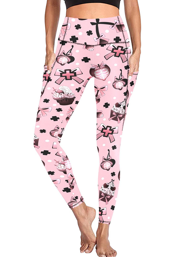 Women Halloween Gothic Pants Strawberry Print Pants Stretchy Yoga Pants