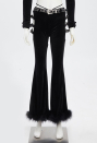 Gothic Cowboy Style Pants Black Velet Trousers Cut-out Flared Pants with Belt