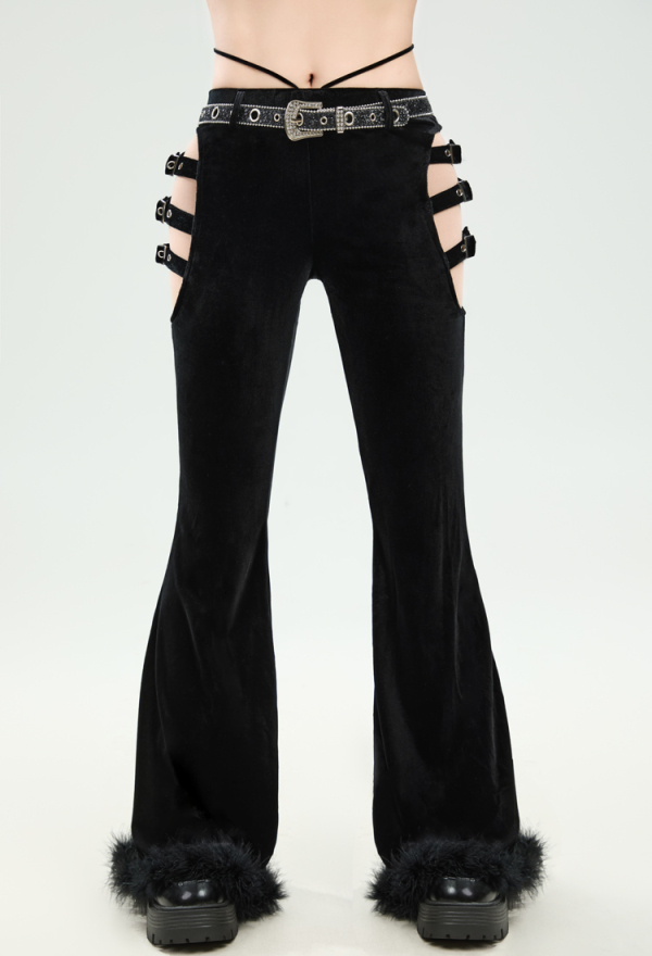 Dark Rave Gothic Cowboy Style Pants Black Velet Trousers Cut-out Flared Pants with Belt