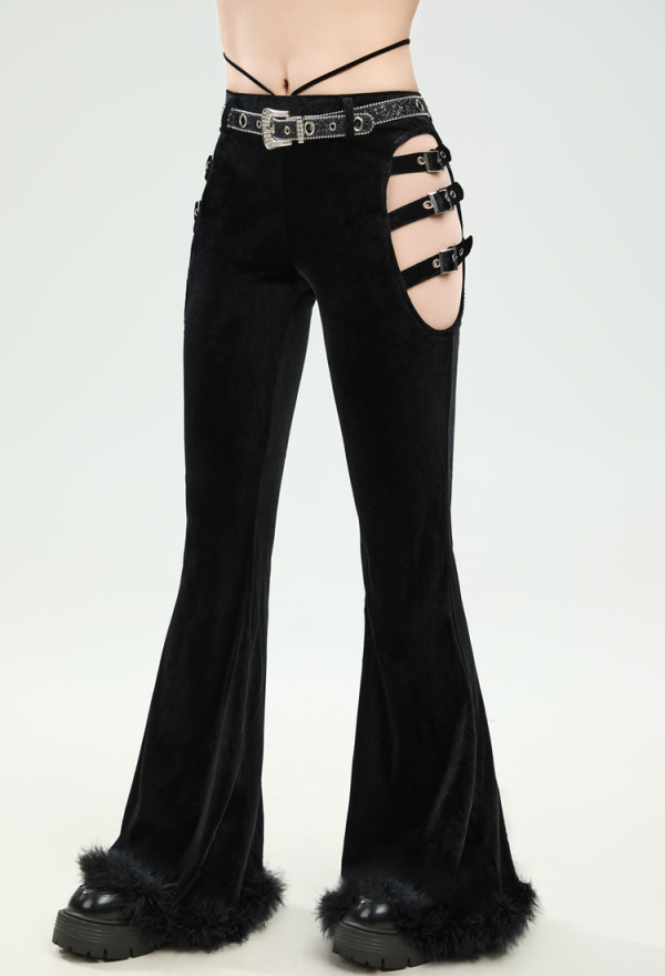 Dark Rave Gothic Cowboy Style Pants Black Velet Trousers Cut-out Flared Pants with Belt