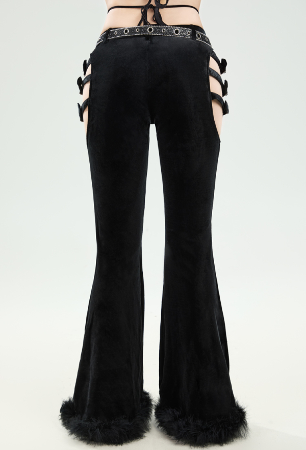 Dark Rave Gothic Cowboy Style Pants Black Velet Trousers Cut-out Flared Pants with Belt