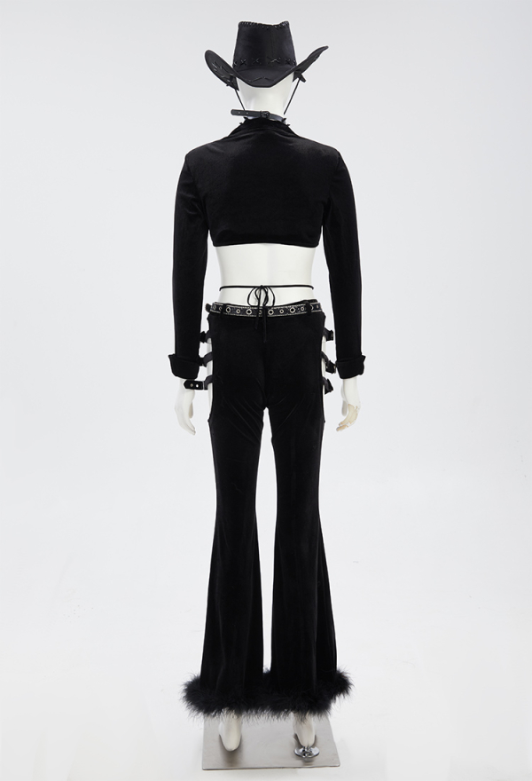 Gothic Cowboy Style Pants Black Velet Trousers Cut-out Flared Pants with Belt